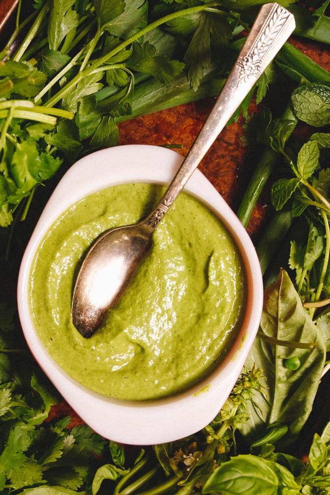 Green Goddess Hummus surrounded by fresh herbs of parsley, basil, mint, cilantro, and scallions