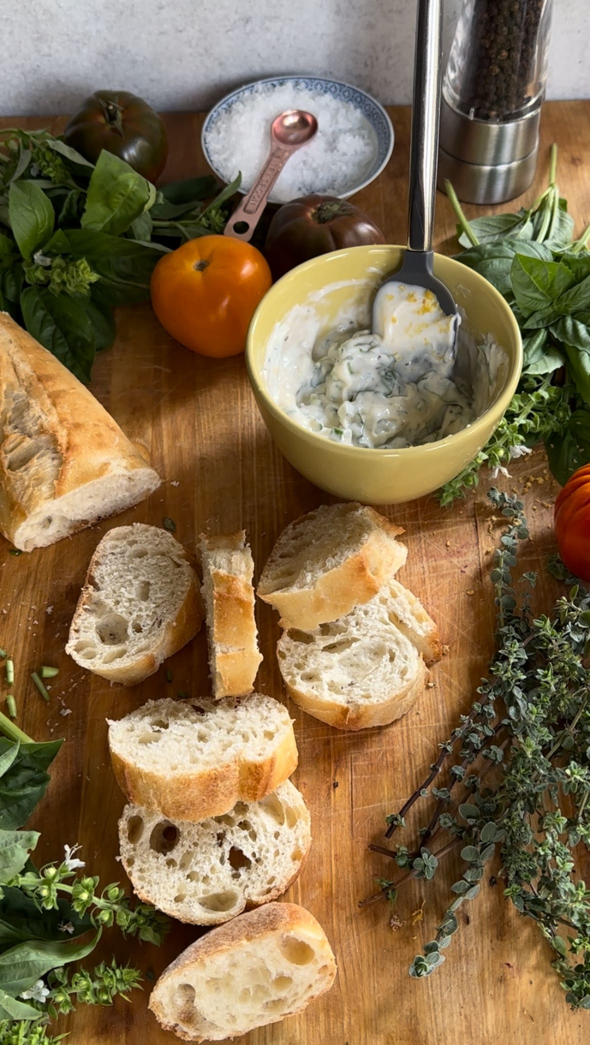 Ingredients for Summer Tomato Crostini - slices of untoasted French baguette