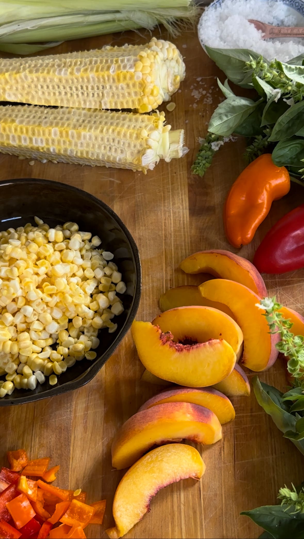 Cooked corn for SummerCorn, Pepper, + Peach Salad