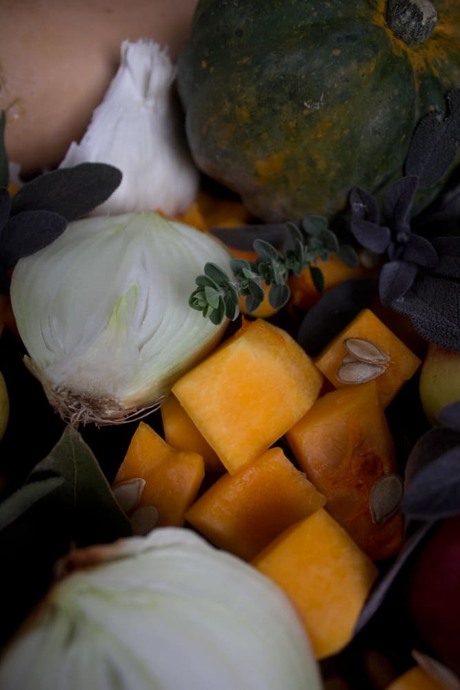 Ingredients for winter squash soup - onions, apples, sage, garlic, and squash