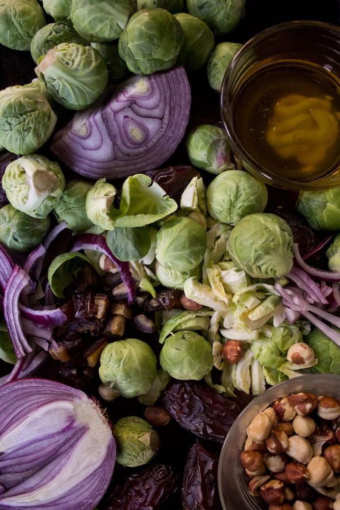 Brussels Sprout Salad with Bacon + Dates + Hazelnuts - Raw Brussels Sprouts + roasted hazelnuts