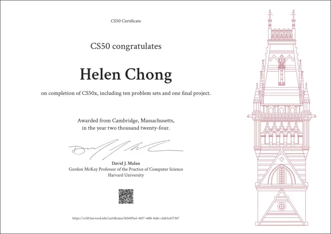 Helen Chong's CS50x certificate