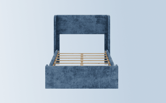 A rendered image of the Astor Bed Frame on a light blue background gradient