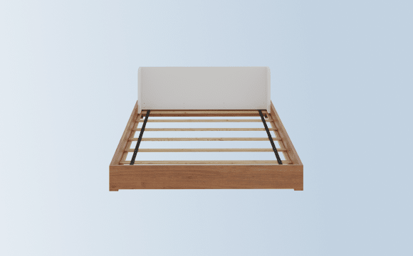 A rendered image of the Bryant Bed Frame on a light blue background gradient