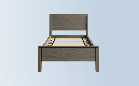 A rendered image of the Cooper Bed Frame on a light blue background gradient