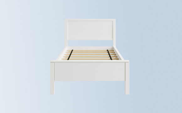 A rendered image of the Cooper Bed Frame on a light blue background gradient
