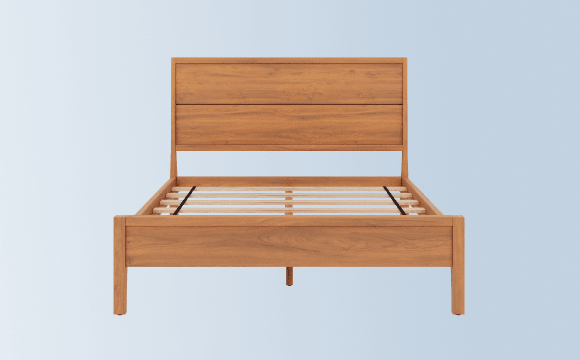 A rendered image of the Ludlow Bed Frame on a light blue background gradient