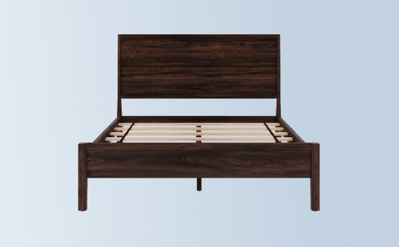 A rendered image of the Ludlow Bed Frame on a light blue background gradient
