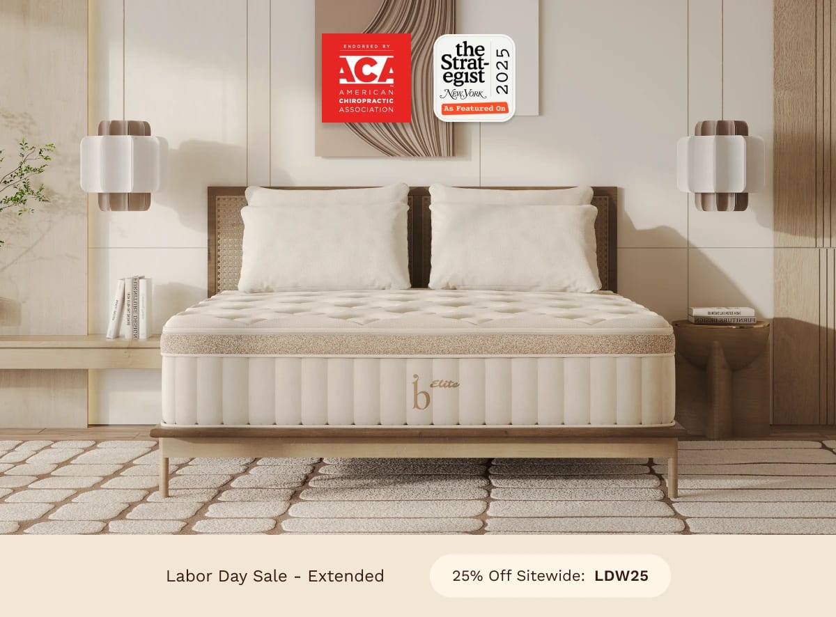 A rendered image of the Birch Elite Natural Mattress with a callout to get 25% off using code LDW25.