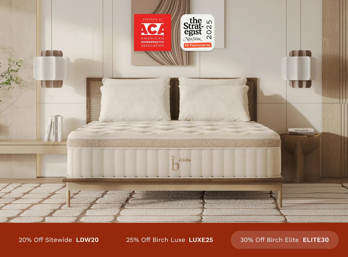 A rendered image of the Birch Elite Mattress with a callout to get 30% off using code ELITE30