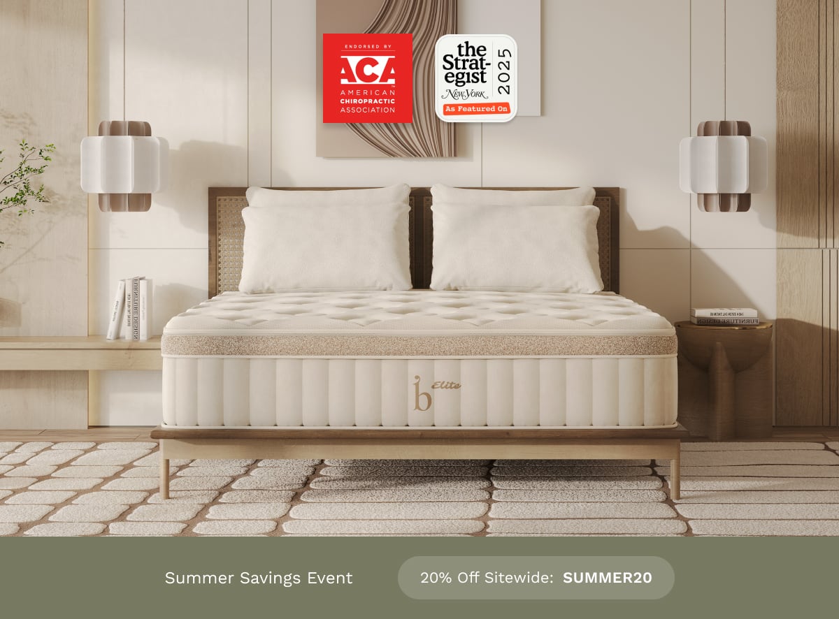 An image of the Birch Natural Mattress with a callout to save 20% sitewide with code SUMMER20
