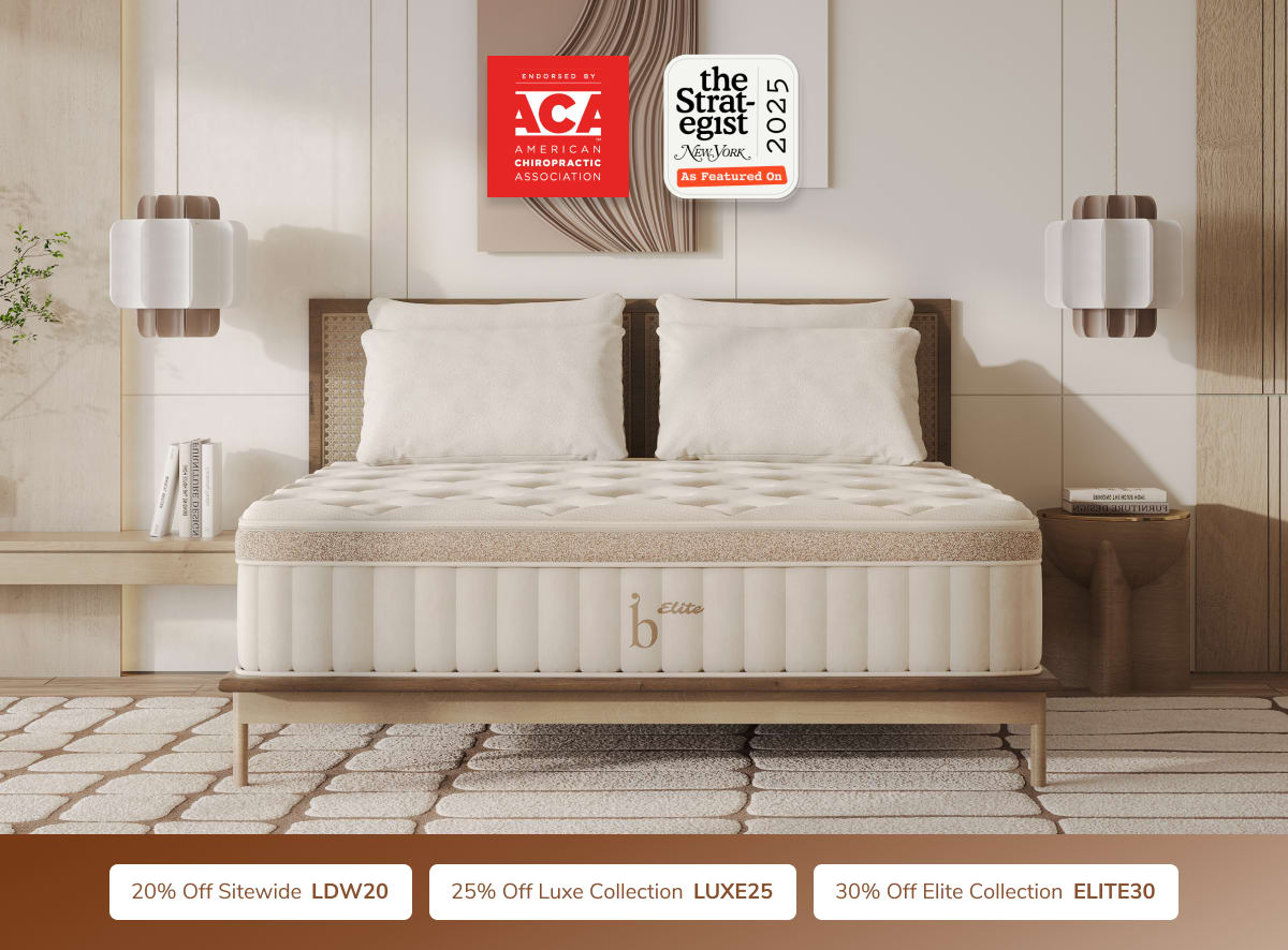 A rendered image of the Birch Elite mattress with a callout to save 30% with code ELITE30