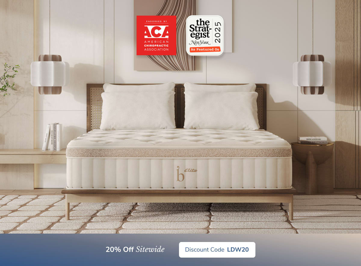 A rendered image of the Birch mattress with a callout to save 20% sitewide using code LDW20