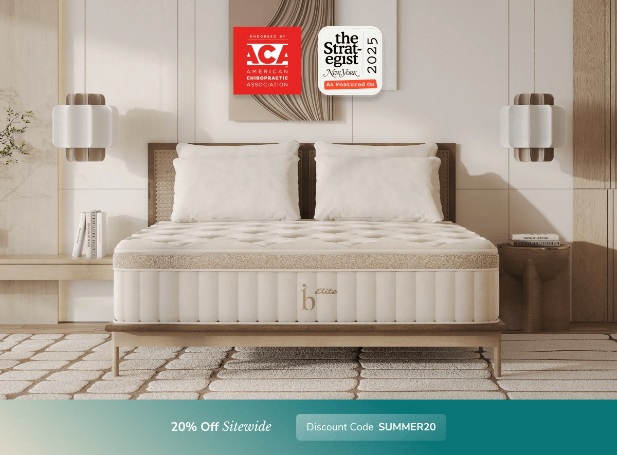 An image of the Helix Luxe mattress in a bedroom scene with a callout to 20% off your order using code SUMMER20