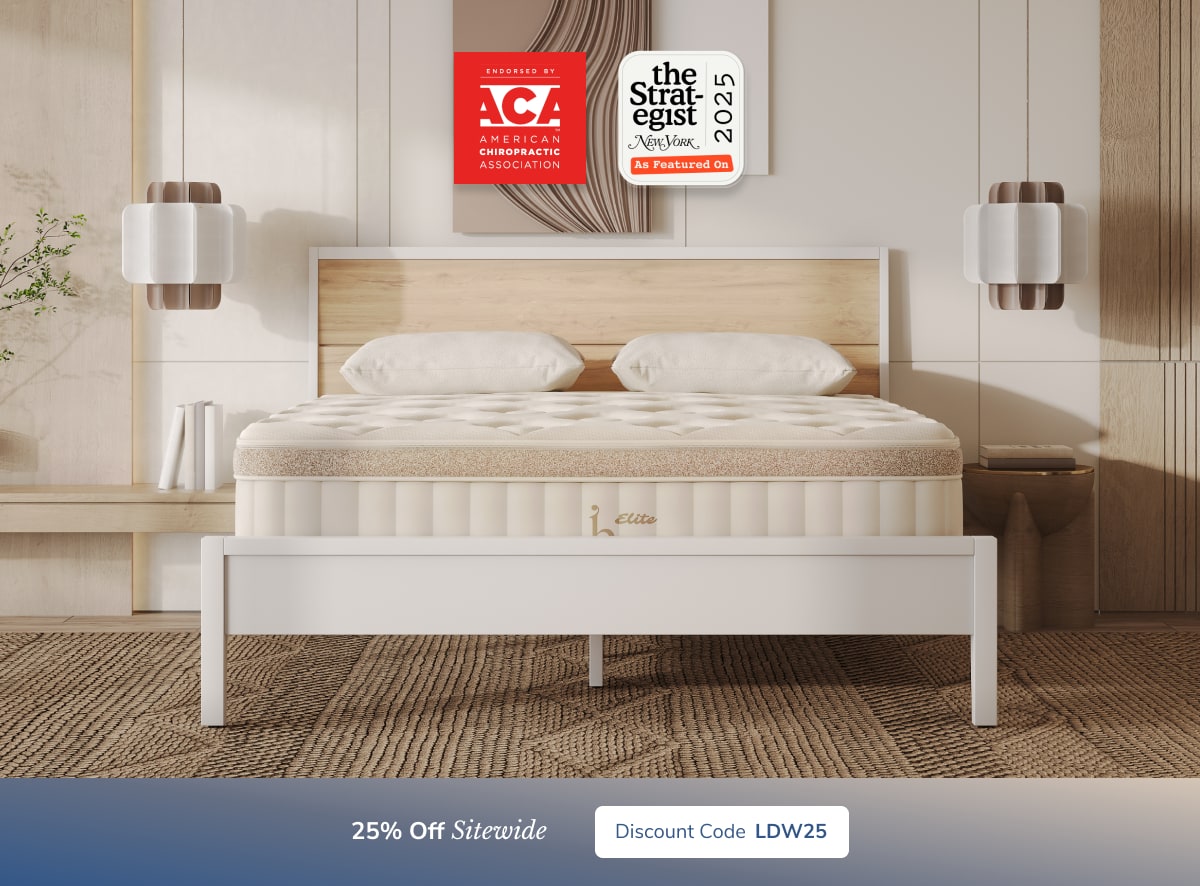 A rendered image of the Birch mattress with a callout to save 25% with code LDW25