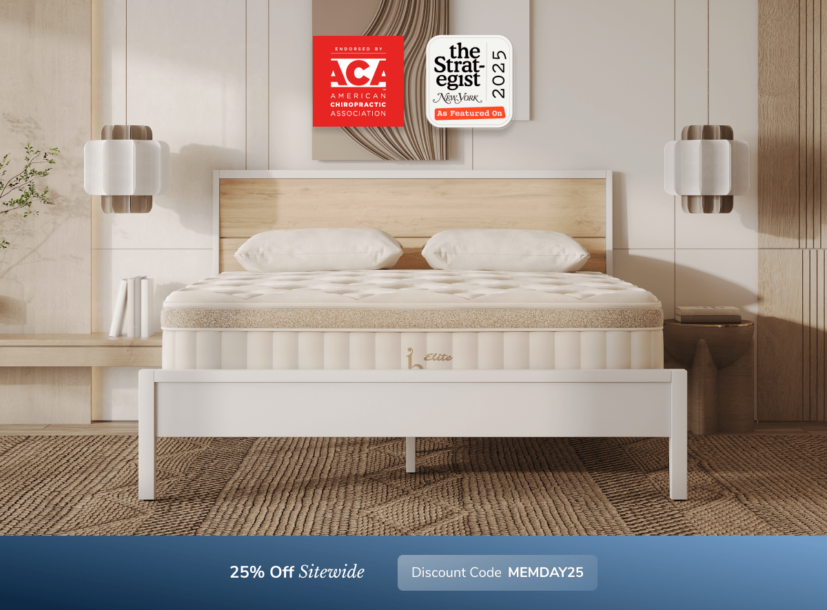 A rendered image showing the Birch mattress with a callout to save 25% sitewide using code MEMDAY25