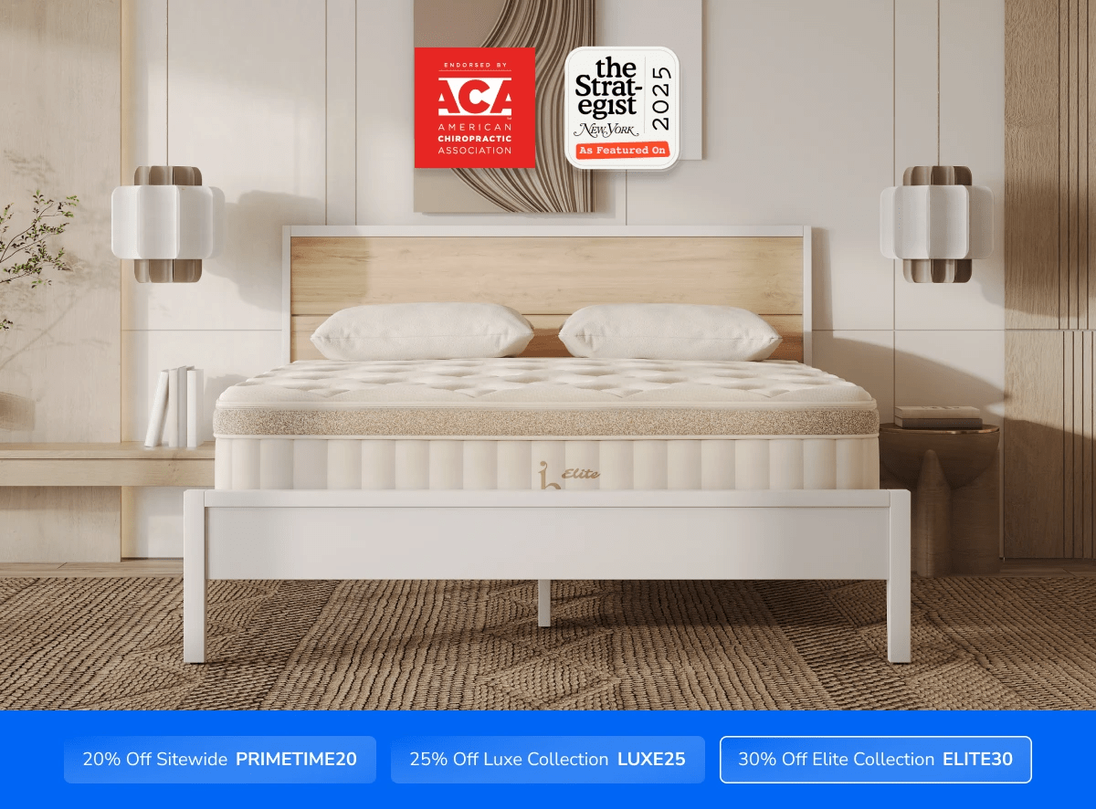 A rendered image of the Birch Elite mattress with a callout to save 30% on your mattress using code ELITE30
