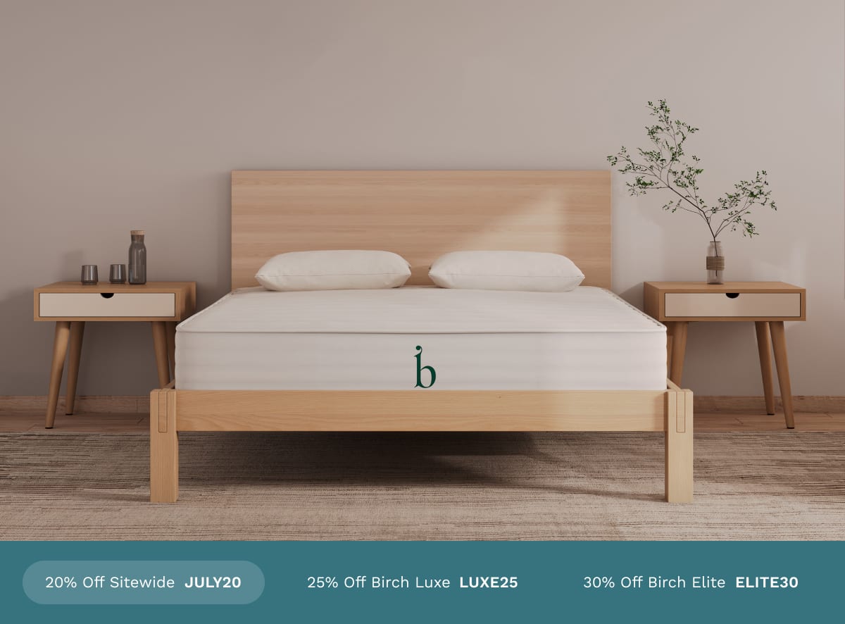 A rendered image of the Birch Essential Mattress with a callout to get 20% off sitewide with code JULY20.