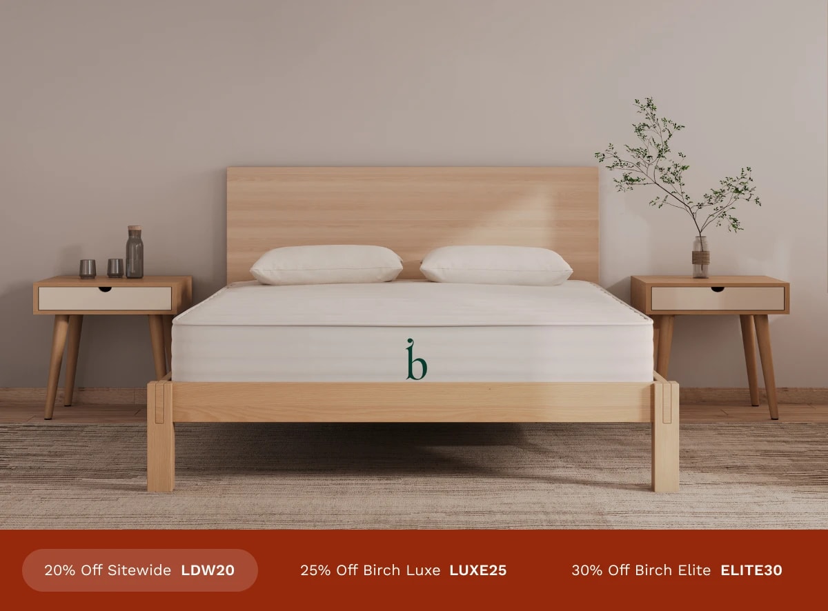 A rendered image of the Birch Essential Mattress with a callout to get 20% off using code LDW20.