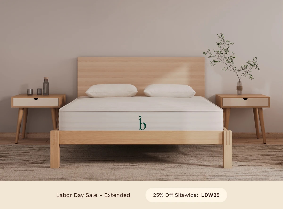 A rendered image of the Birch Essential Natural Mattress with a callout to get 25% off using code LDW25.