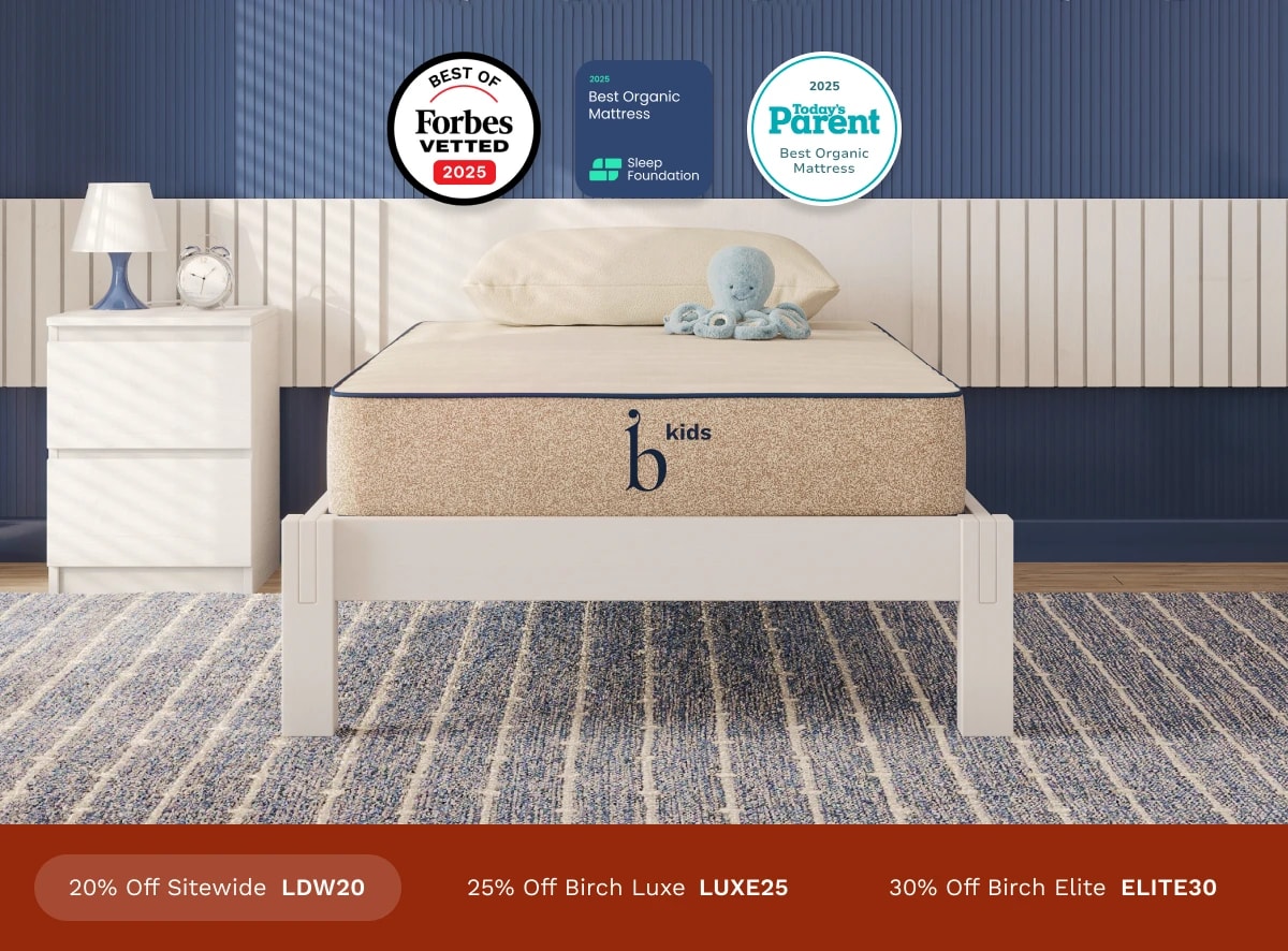 A rendered image of the Birch Kids Mattress with a callout to get 20% off using code LDW20.