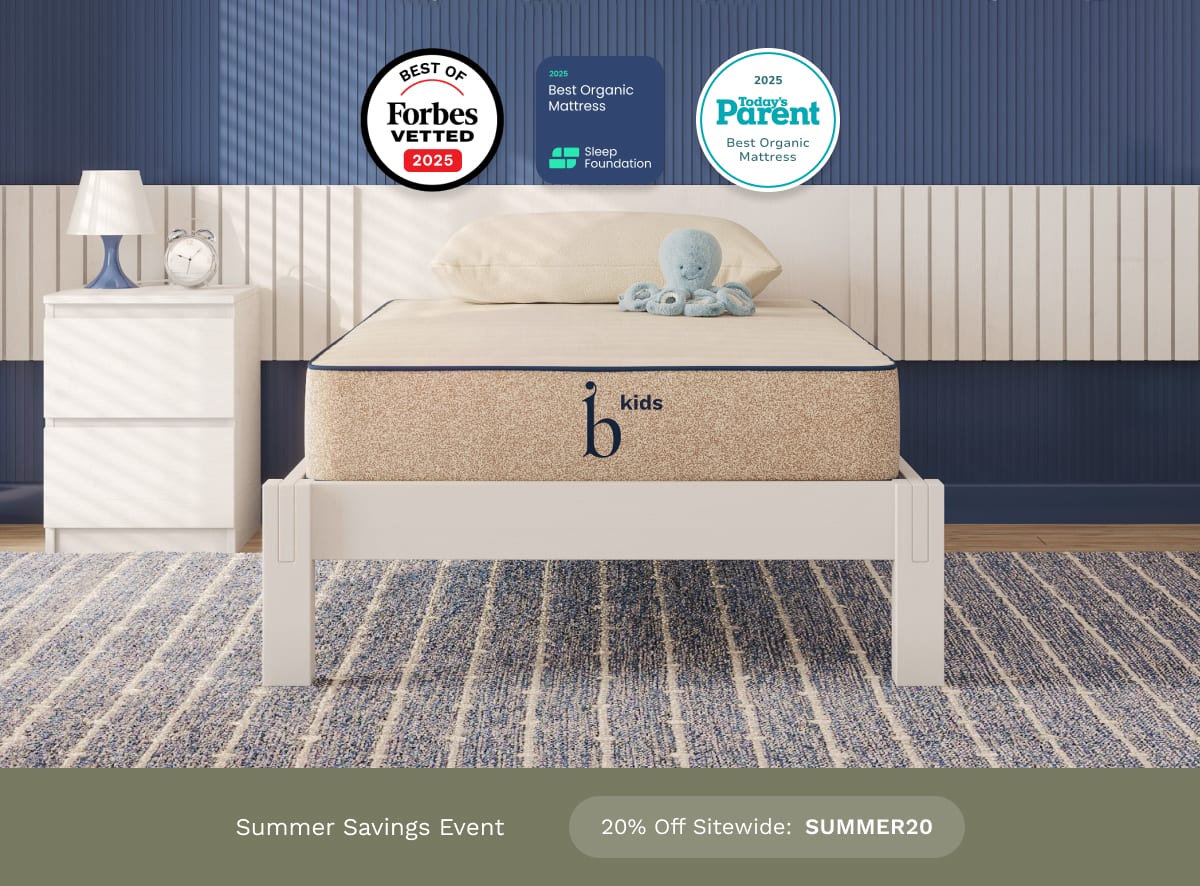 An image of the Birch Natural Mattress with a callout to save 20% sitewide with code SUMMER20