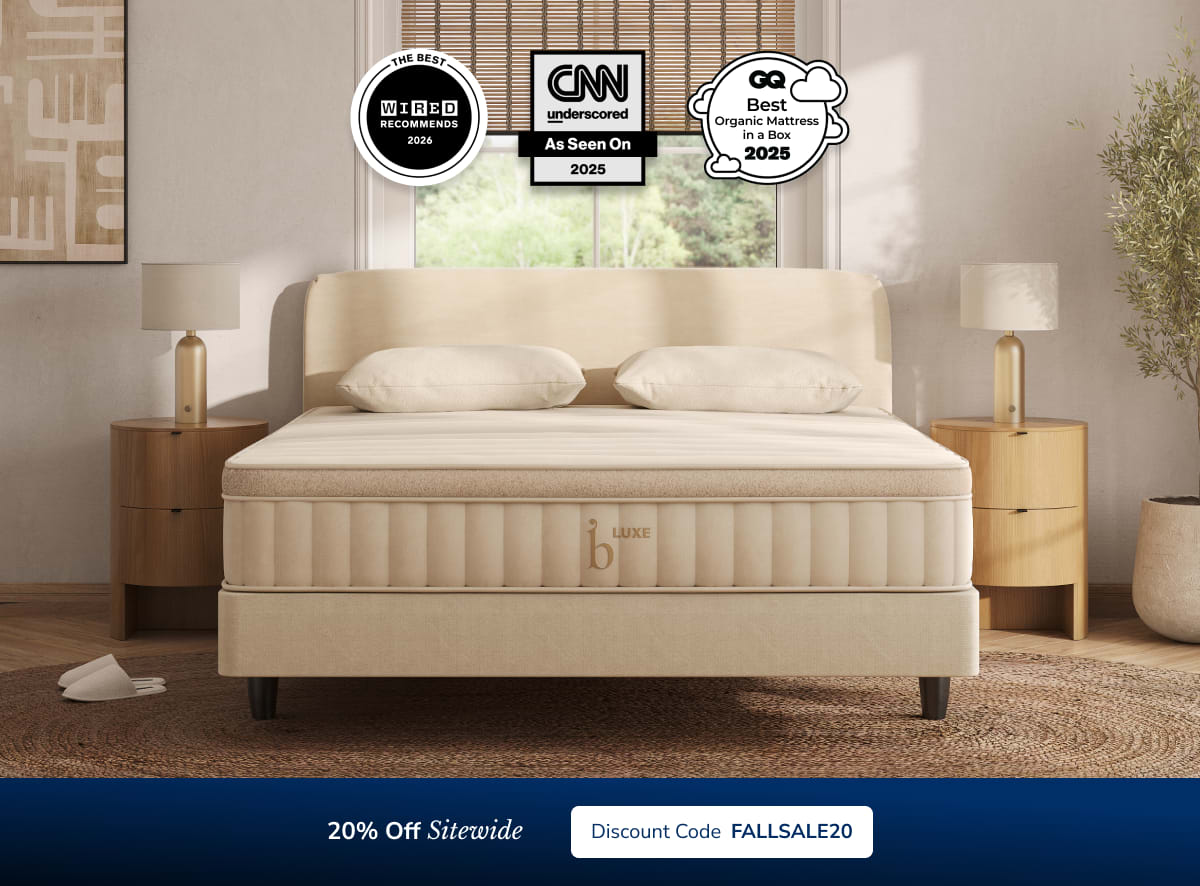 An image of the Birch mattress with a callout to save 20% sitewide with code FALLSALE20