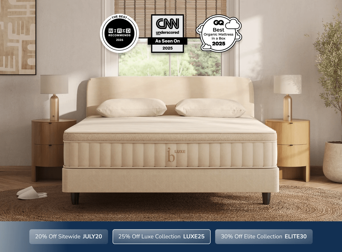 An image of the Birch Luxe mattress with a callout to save 25% on Luxe mattresses with code LUXE25
