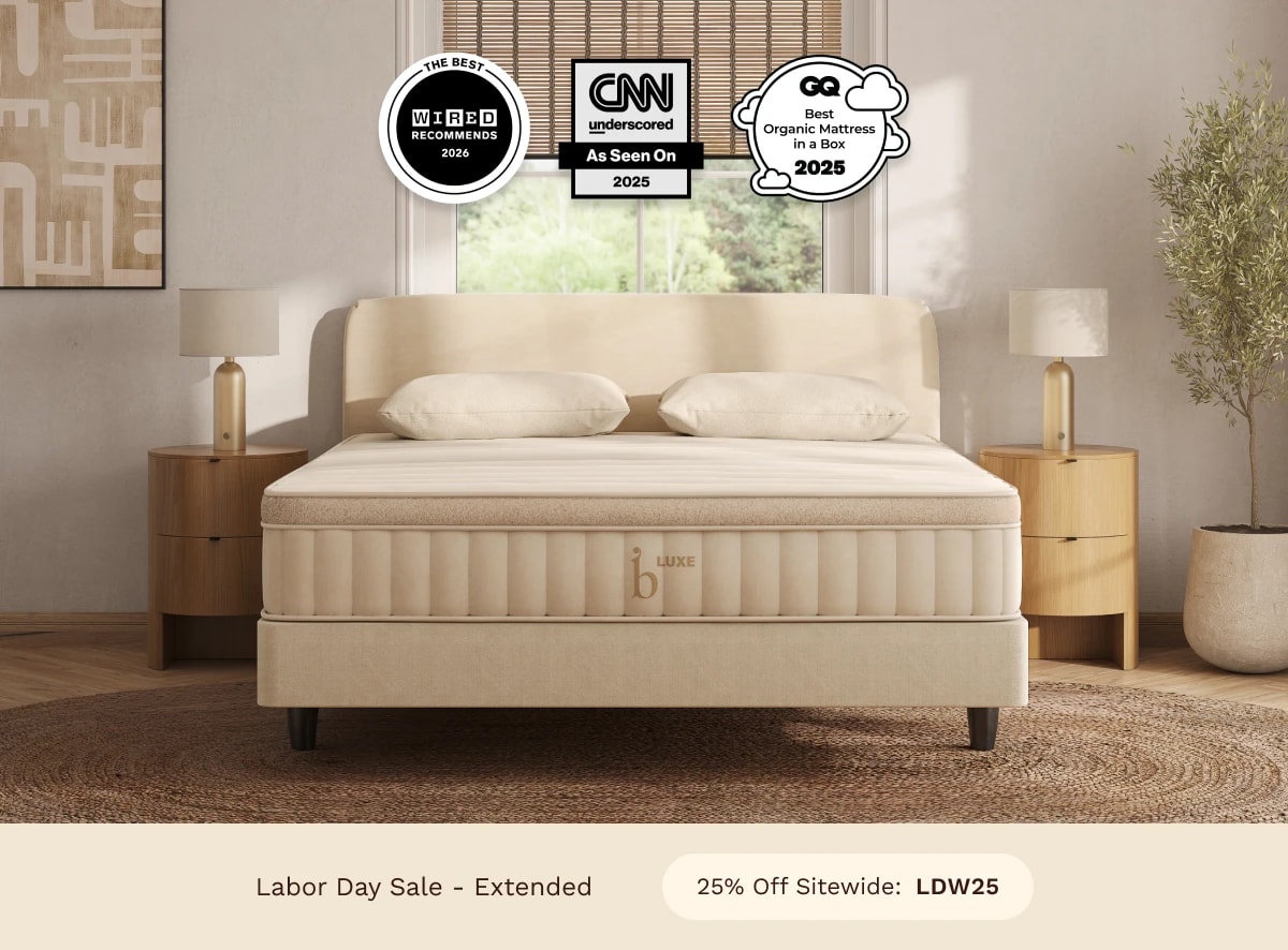 A rendered image of the Birch Luxe Natural Mattress with a callout to get 25% off using code LDW25.
