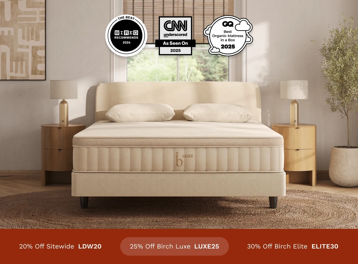 A rendered image of the Birch Luxe Mattress with a callout to get 25% off using code LUXE25.