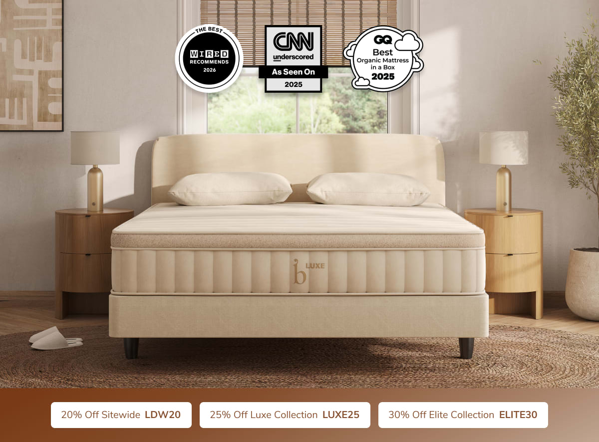 A rendered image of the Birch Luxe mattress with a callout to save 25% with code LUXE25