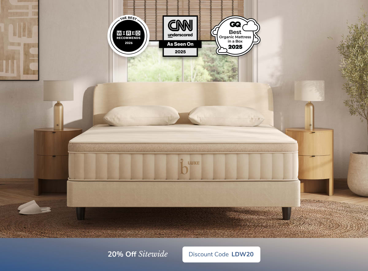 A rendered image of the Birch mattress with a callout to save 20% sitewide using code LDW20