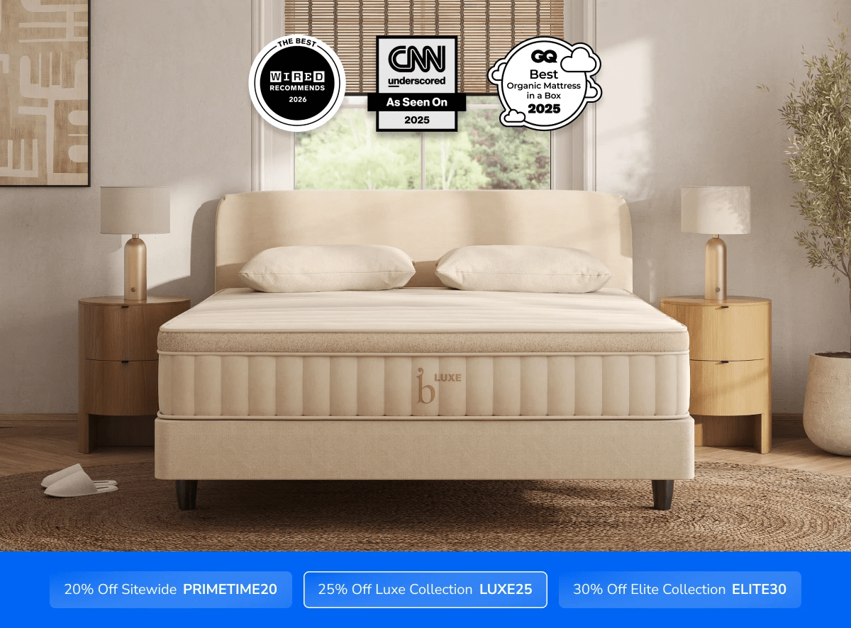 A rendered image of the Birch Luxe mattress with a callout to save 25% on your mattress using code LUXE25
