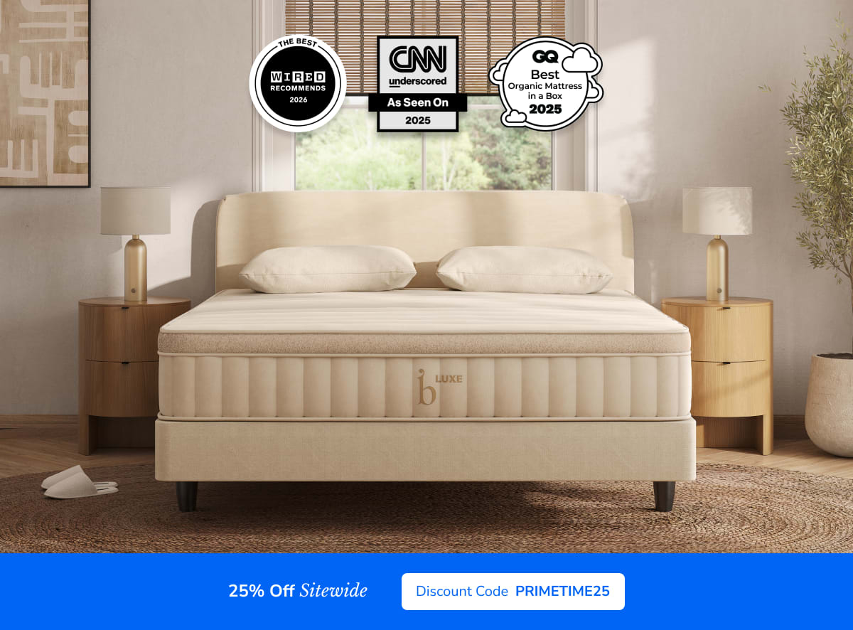 An image of the Birch mattress with a callout to save 25% sitewide using PRIMETIME25