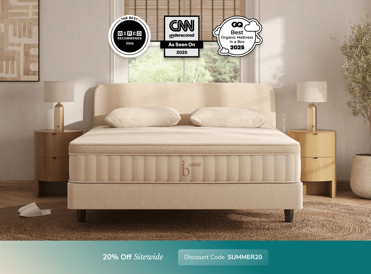 An image of the Helix Luxe mattress in a bedroom scene with a callout to 20% off your order using code SUMMER20