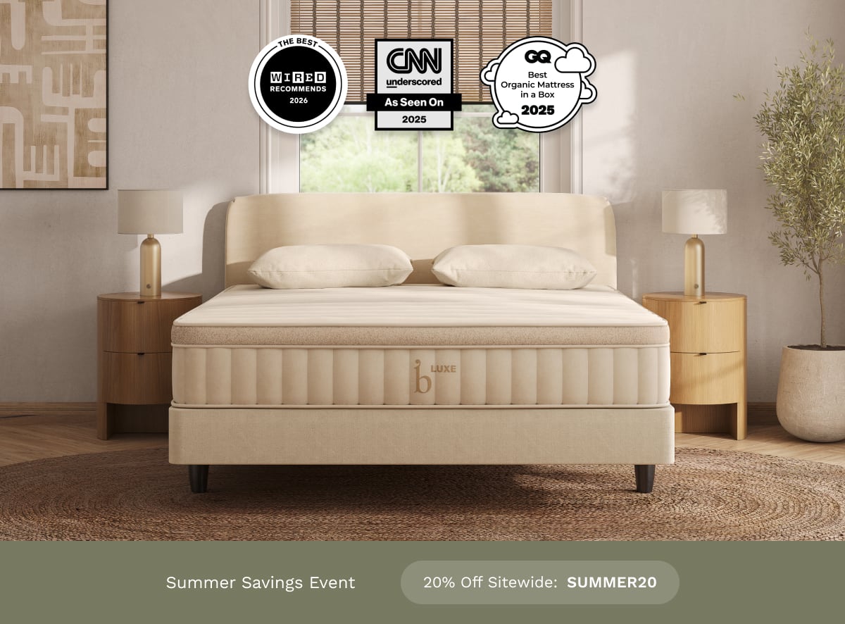 An image of the Birch Natural Mattress with a callout to save 20% sitewide with code SUMMER20