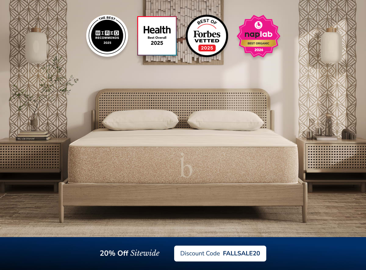 An image of the Birch mattress with a callout to save 20% sitewide with code FALLSALE20