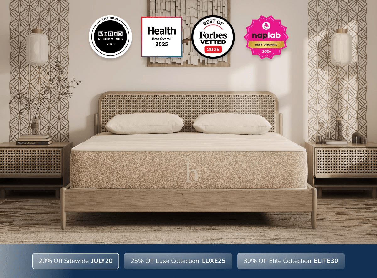 An image of the Birch mattress with a callout to save 20% sitewide using code JULY20