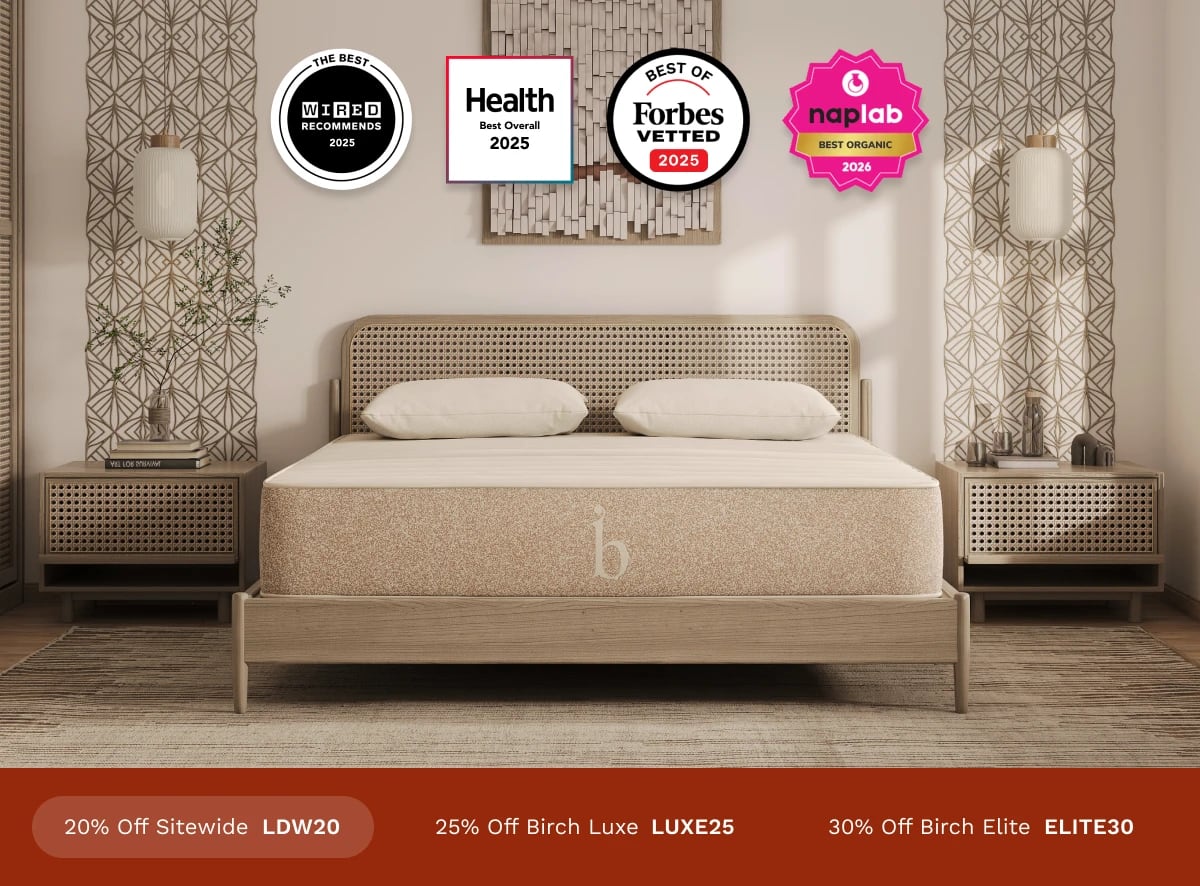 A rendered image of the Birch Natural Mattress with a callout to get 20% off using code LDW20.