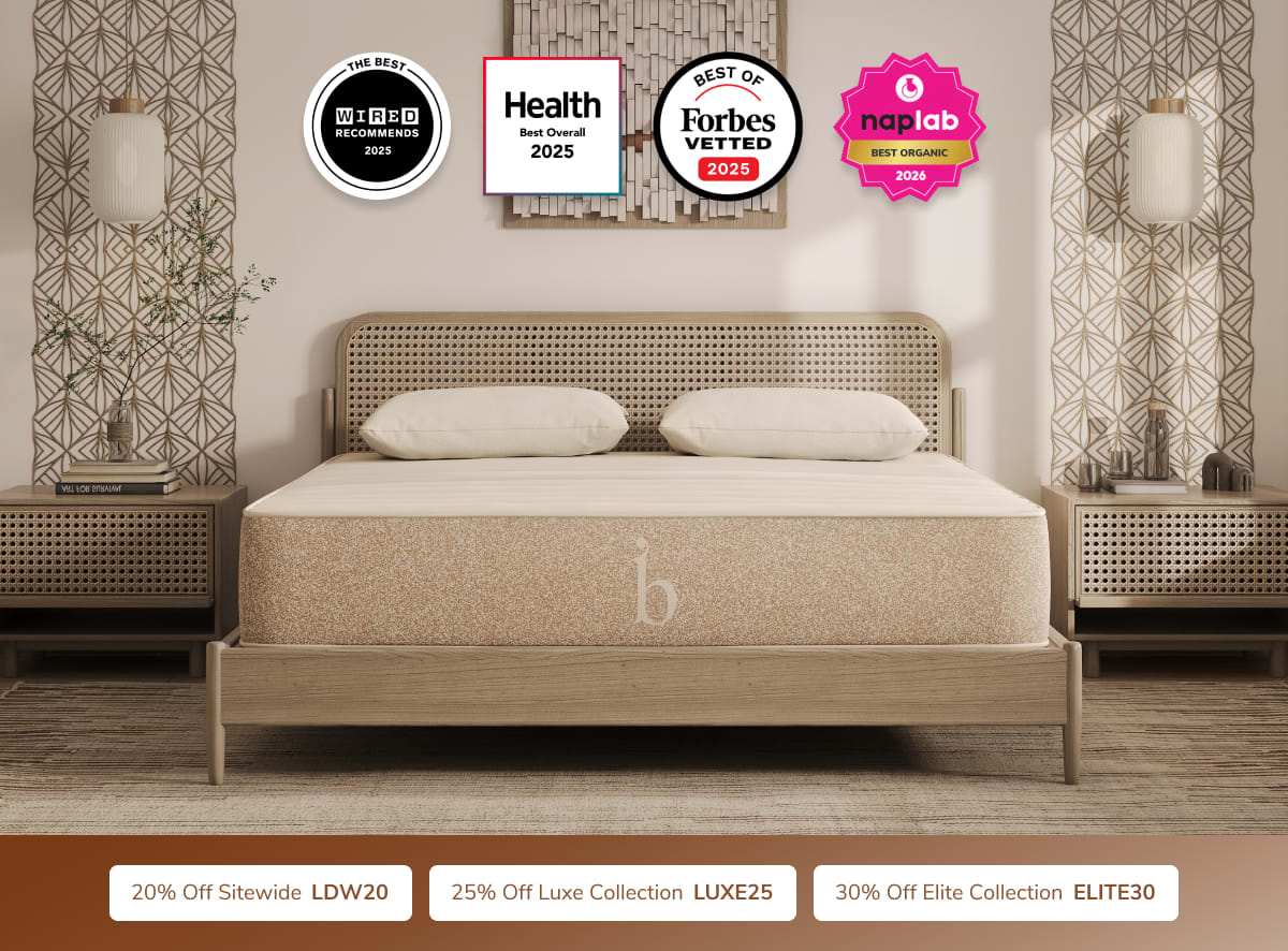 A rendered image of the Birch mattress with a callout to save 20% sitewide with code LDW20