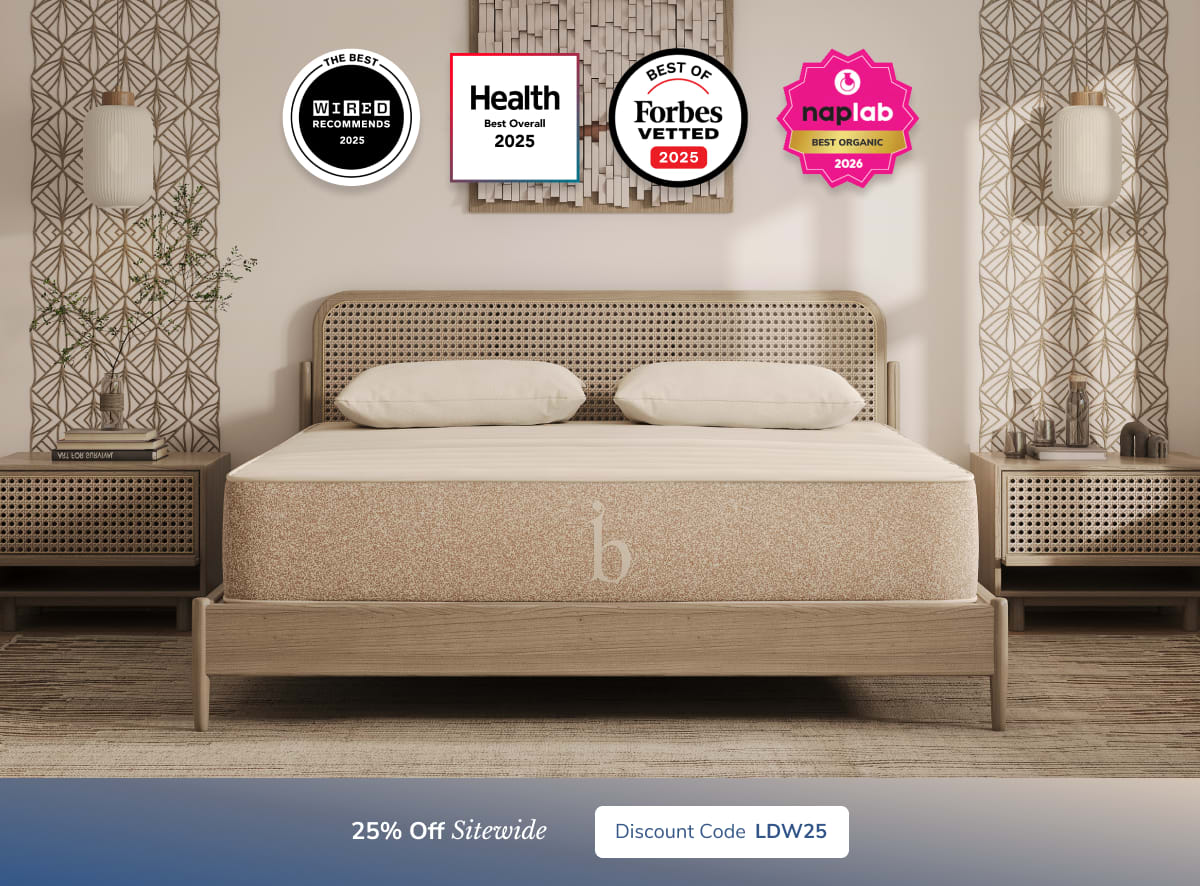 A rendered image of the Birch mattress with a callout to save 25% with code LDW25