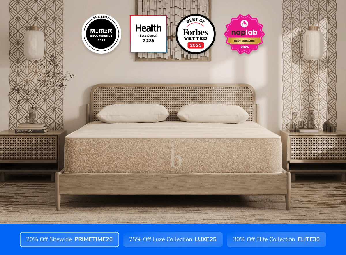 A rendered image of the Birch mattress with a callout to save 20% on your mattress using code PRIMETIME20