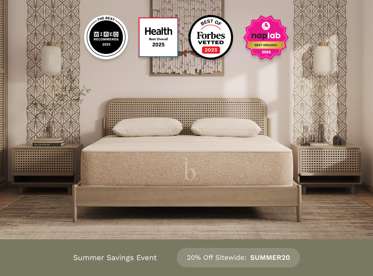 An image of the Birch Natural Mattress with a callout to save 20% sitewide with code SUMMER20