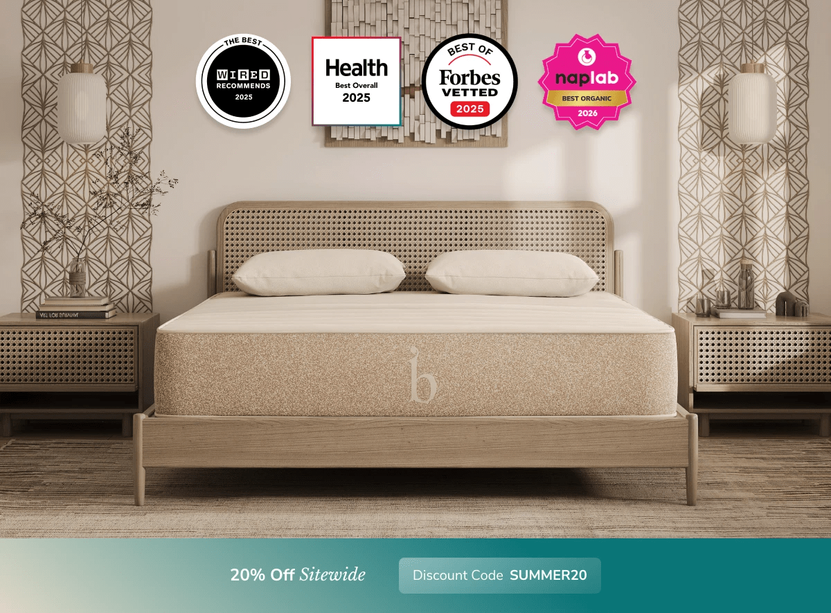 An image of the Helix Luxe mattress in a bedroom scene with a callout to 20% off your order using code SUMMER20
