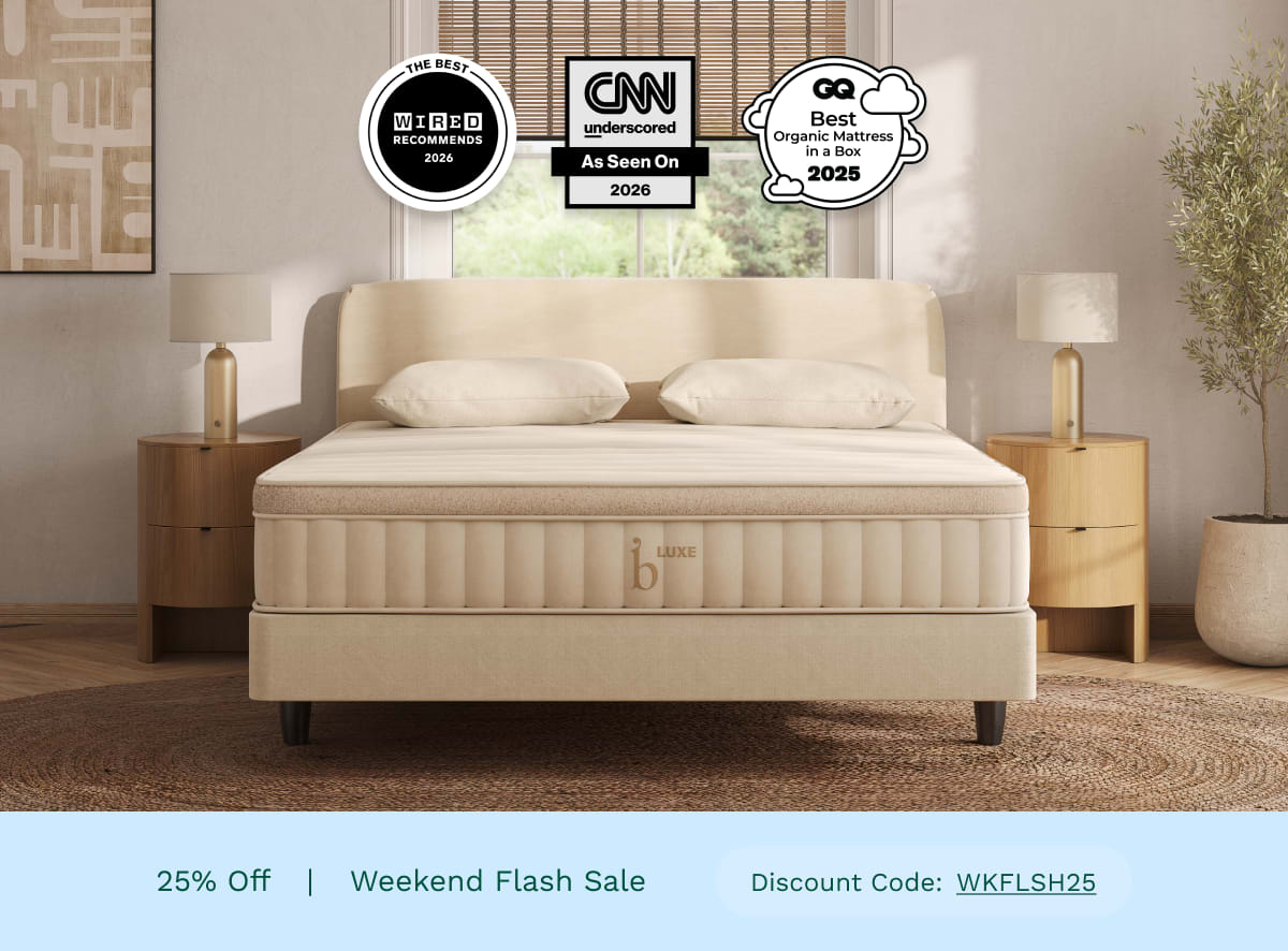 A rendered image of the Birch Luxe Mattress with a callout to get 25% off using code WKFLSH25