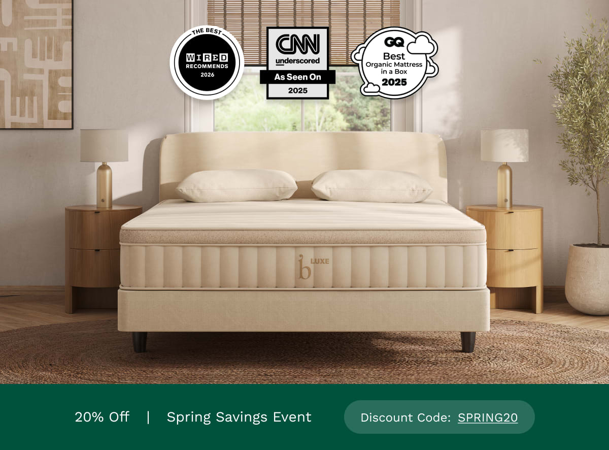 A rendered image of the Birch Luxe Mattress with a callout to get 20% off using code SPRING20