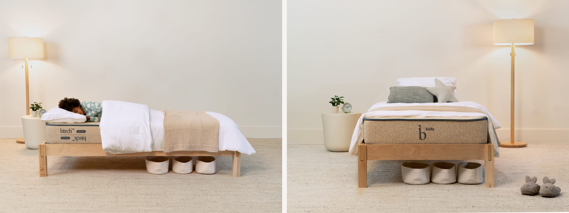 Side by Side image of toddler sleeping on Birch kids mattress and Birch kids mattress