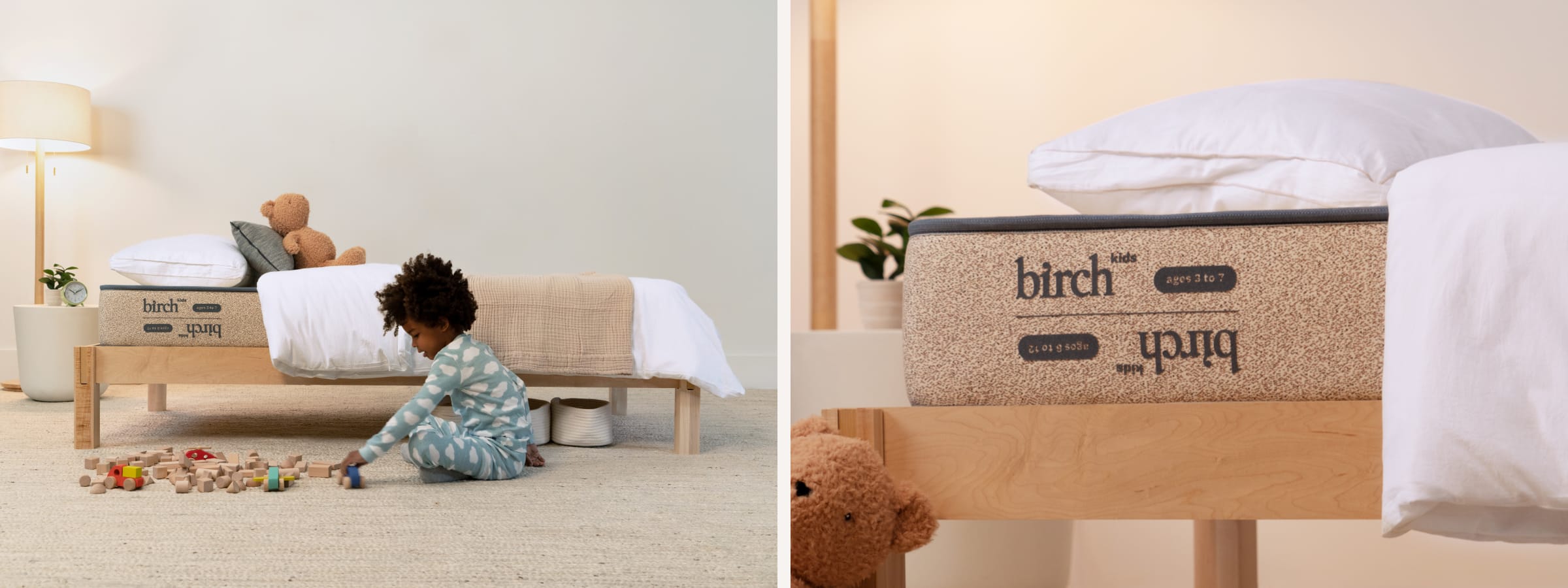 Side by side images of toddler playing with blocks next to Birch Kids mattress and Birch Kids mattress showing flip details