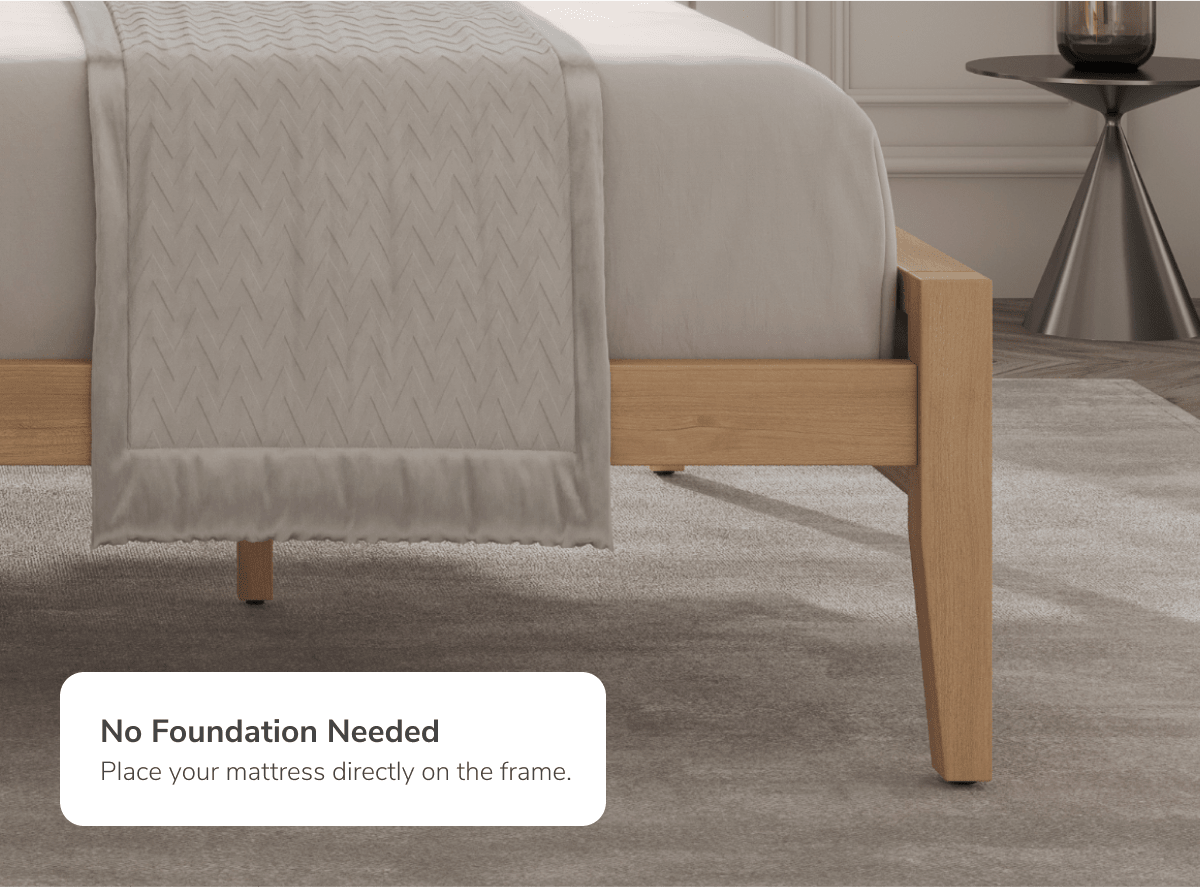 A closeup image of the Ludlow Bed Frame with a callout explaining no additional box spring is needed. Your mattress goes directly on top.