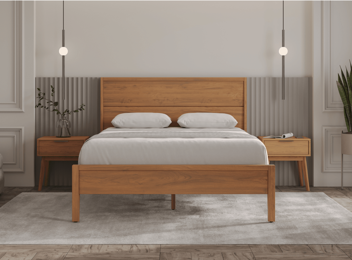 A render of the Ludlow bed frame in dark brown in a bedroom scene